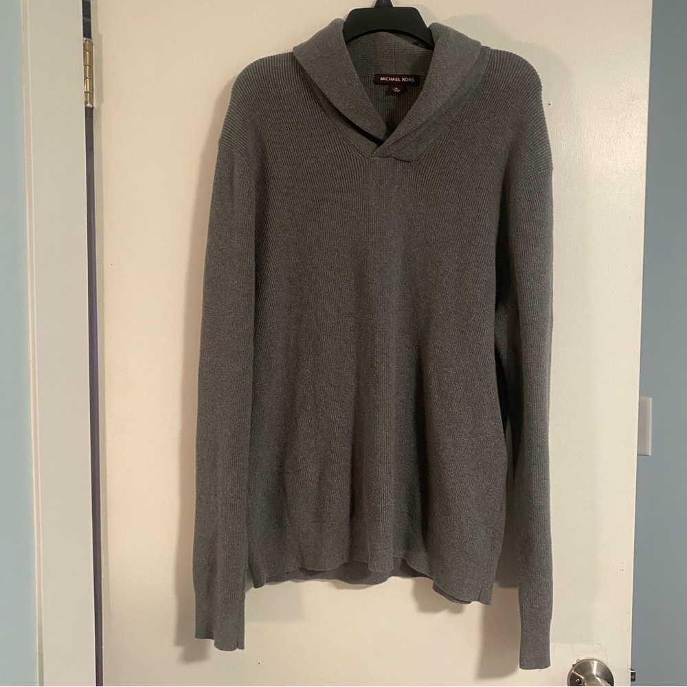 Michael Kors Sweater Men's Size XL Gray Knit Ribbed Shawl Neck Collar Preppy
